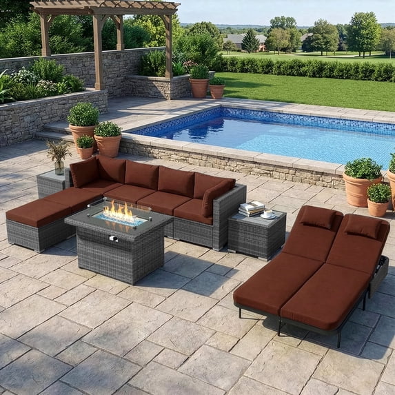 RADIATA 10-Piece Patio Furniture Set with Fire Pit Table, Outdoor Sectional with 43" 60000 BTU Firepit Table, Double Chaise Lounge, High Back Wicker Outdoor Sectional with Fire Pit Set,Red
