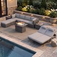 thumbnail image 1 of RADIATA 10-Piece Patio Furniture Set with Fire Pit Table, Outdoor Sectional with 43" 60000 BTU Firepit Table, Double Chaise Lounge, High Back Wicker Outdoor Sectional with Fire Pit Set,Light Gray, 1 of 13