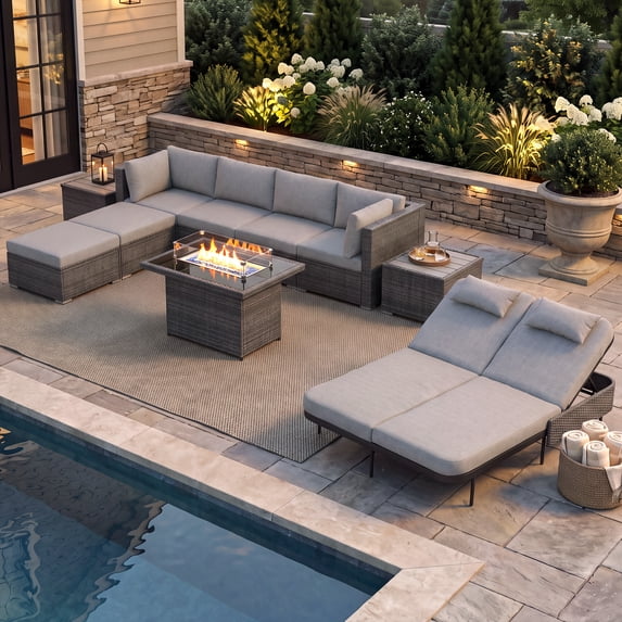 RADIATA 10-Piece Patio Furniture Set with Fire Pit Table, Outdoor Sectional with 43" 60000 BTU Firepit Table, Double Chaise Lounge, High Back Wicker Outdoor Sectional with Fire Pit Set,Light Gray