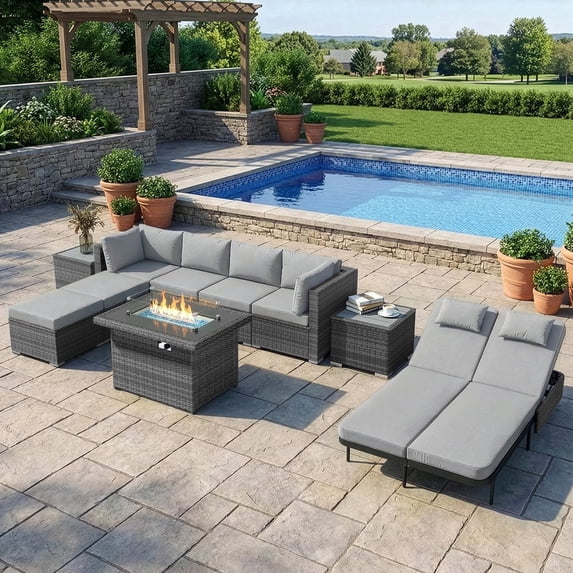 RADIATA 10-Piece Patio Furniture Set with Fire Pit Table, Outdoor Sectional with 43" 60000 BTU Firepit Table, Double Chaise Lounge, High Back Wicker Outdoor Sectional with Fire Pit Set,Light Gray