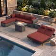 thumbnail image 1 of RADIATA 10-Piece Patio Furniture Set with Fire Pit Table, Outdoor Sectional with 43" 60000 BTU Firepit Table, Double Chaise Lounge, High Back Wicker Outdoor Sectional with Fire Pit Set,Red, 1 of 12