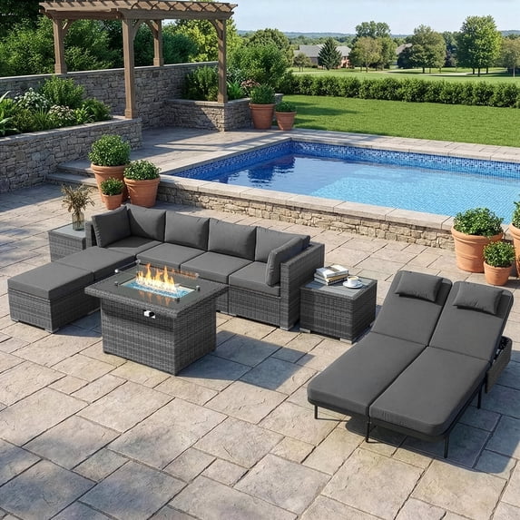 RADIATA 10-Piece Patio Furniture Set with Fire Pit Table, Outdoor Sectional with 43" 60000 BTU Firepit Table, Double Chaise Lounge, High Back Wicker Outdoor Sectional with Fire Pit Set,Dark Gray