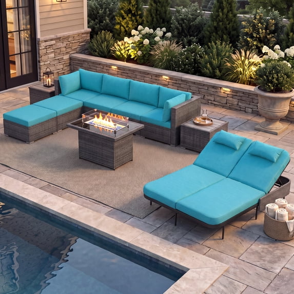 RADIATA 10-Piece Patio Furniture Set with Fire Pit Table, Outdoor Sectional with 43" 60000 BTU Firepit Table, Double Chaise Lounge, High Back Wicker Outdoor Sectional with Fire Pit Set,Green