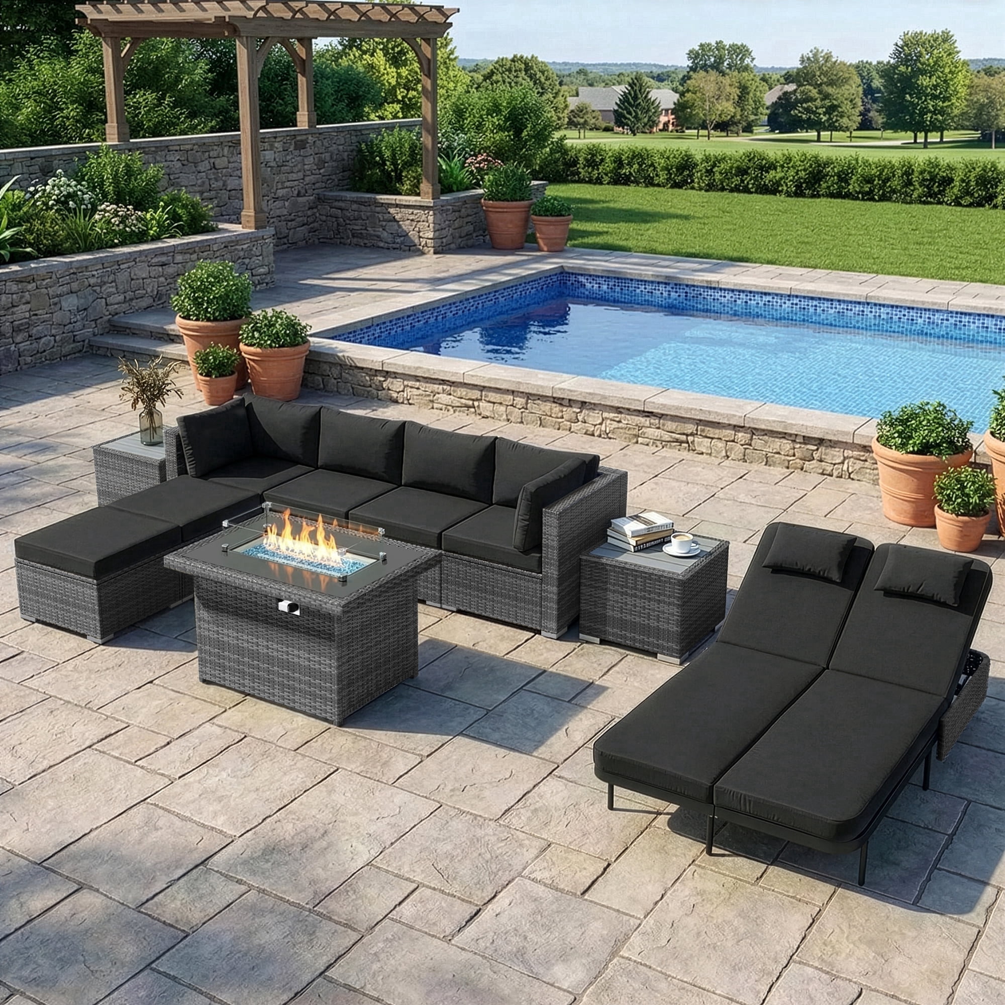 RADIATA 10-Piece Patio Furniture Set with Fire Pit Table, Outdoor Sectional with 43" 60000 BTU Firepit Table, Double Chaise Lounge, High Back Wicker Outdoor Sectional with Fire Pit Set,Black