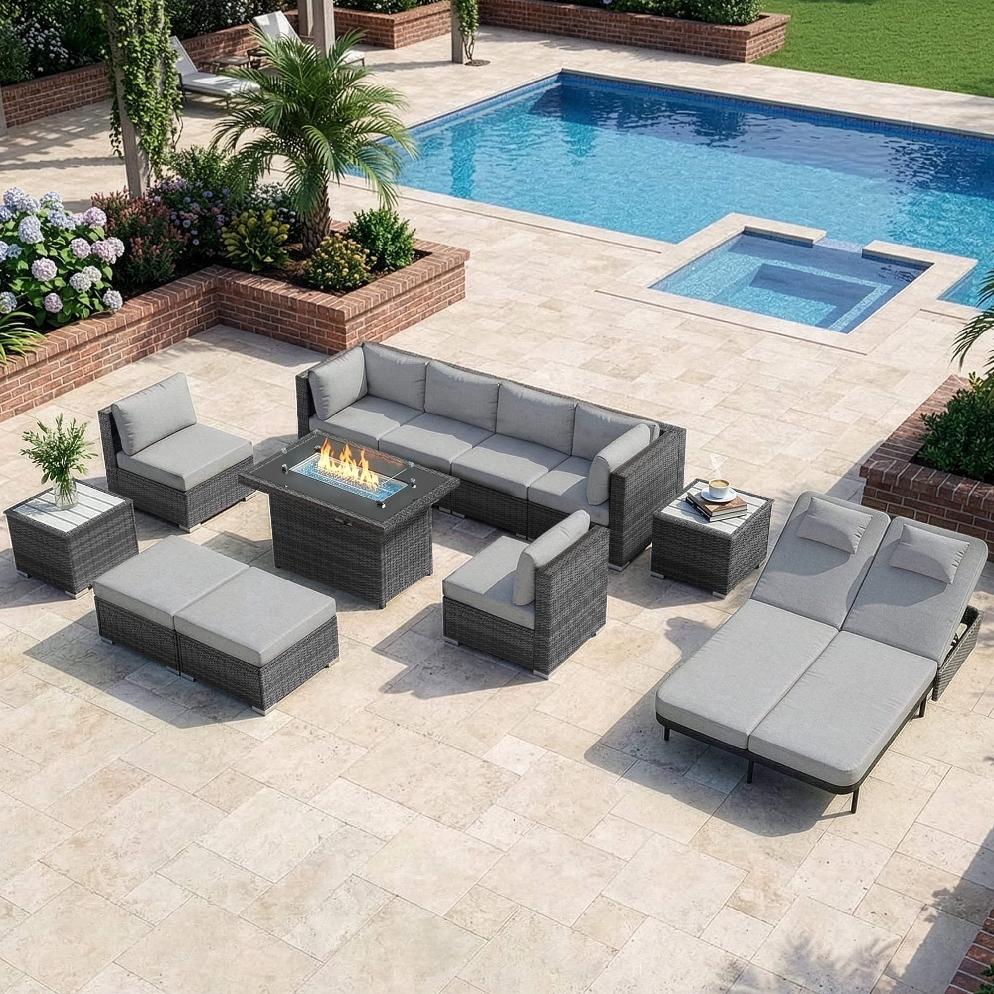 RADIATA 12-Piece Patio Furniture Set with Fire Pit Table, Outdoor Sectional with 43" 60000 BTU Firepit Table, Double Chaise Lounge, High Back Wicker Outdoor Sectional with Fire Pit Set,Light Gray