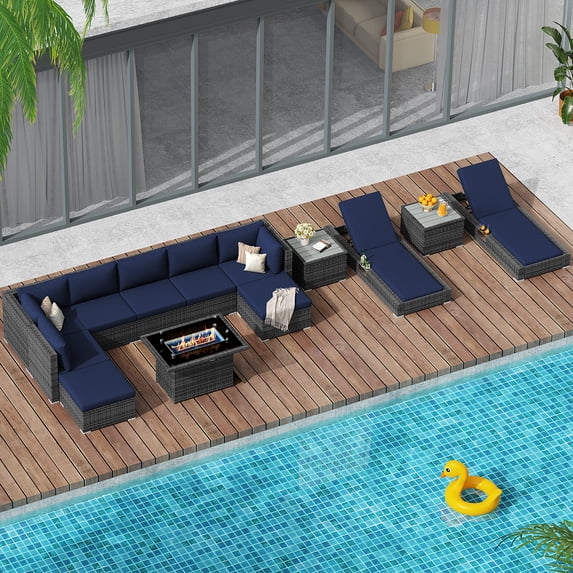 RADIATA 13-Piece wicker outdoor sectional with fire pit, patio furniture set with fire pit table, high back patio furniture set, large outdoor sectional, modern patio furniture set,Gray/Navy blue