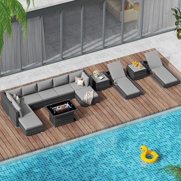 RADIATA 13-Piece wicker outdoor sectional with fire pit, patio furniture set with fire pit table, high back patio furniture set, large outdoor sectional, modern patio furniture set,Gray/Light gray