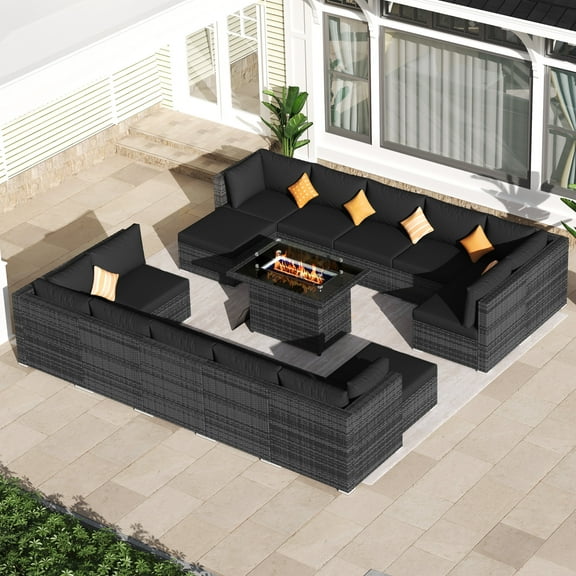 RADIATA 15PCS Outdoor Patio Furniture Set with Fire Pit (43",60000BTU) — Modular Wicker Conversation Set, Modern Grey High Back Outdoor Sectional Couch Set with Gas Firepit for Backyard Deck,Black