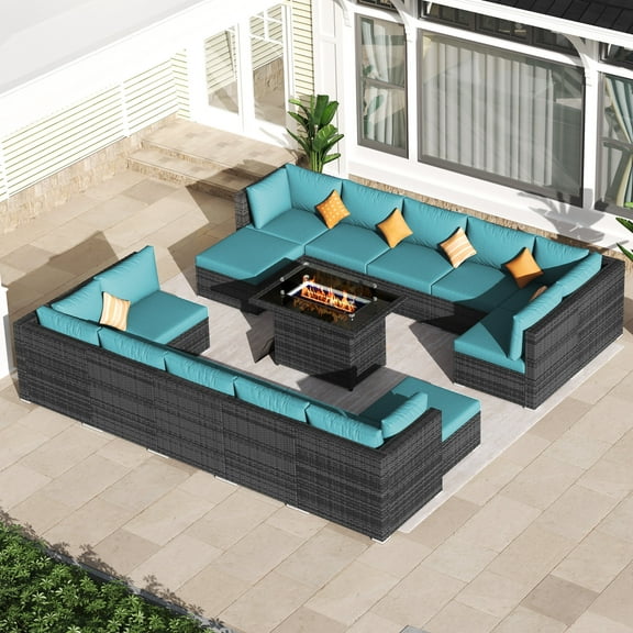 RADIATA 15PCS Outdoor Patio Furniture Set with Fire Pit (43",60000BTU) — Modular Wicker Conversation Set, Modern High Back Outdoor Sectional Couch Set with Gas Firepit for Backyard Deck,Green Blue