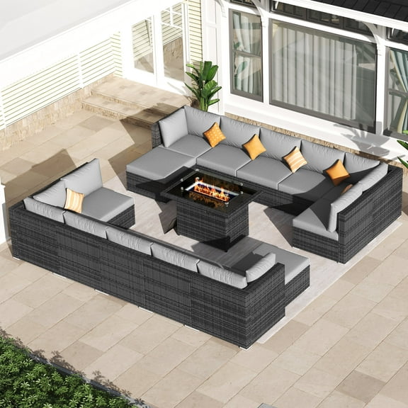 RADIATA 15PCS Outdoor Patio Furniture Set with Fire Pit (43",60000BTU) — Modular Wicker Conversation Set, Modern High Back Outdoor Sectional Couch Set with Gas Firepit for Backyard Deck,Light Gray