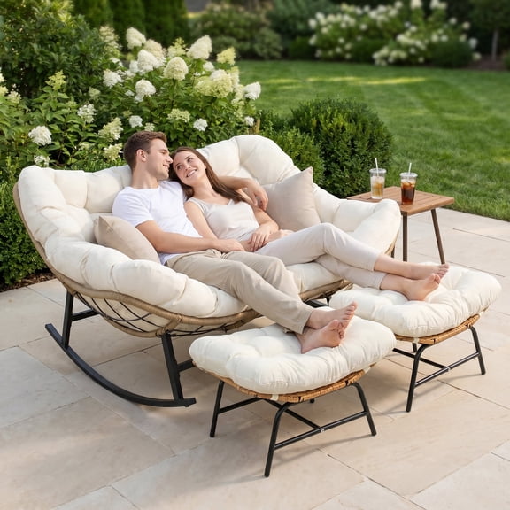 RADIATA 2 Person Indoor Papasan Rocking Chair with Ottoman and Cushion, Oversized Double Recliner Rocker for Living Room, Bedroom, or Study Room,Beige