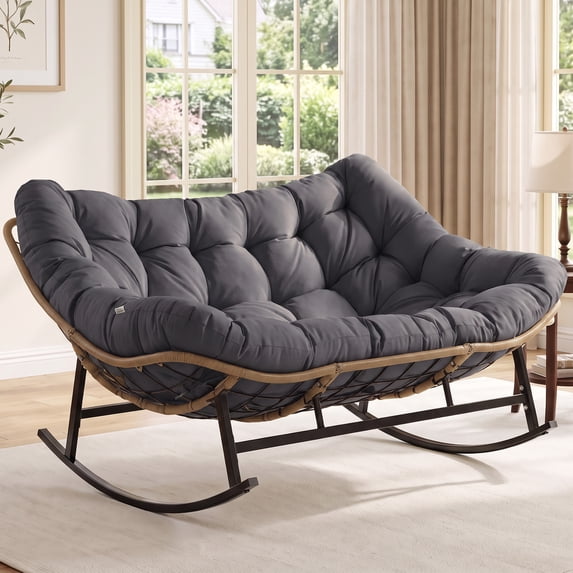 RADIATA 2 Person Indoor Papasan Rocking Chair with Cushion, Oversized Double Recliner Rocker,loveseat for Living Room, Bedroom, or Study Room,Gray