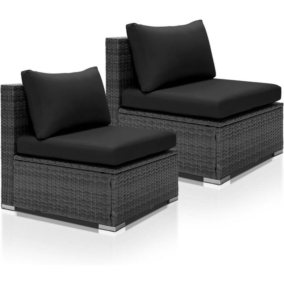 RADIATA® 2 Pieces Wicker Armless Chairs with Black Olefin Cushions Outdoor Furniture Single Sofa Pieces Sectionals for Patio Balcony