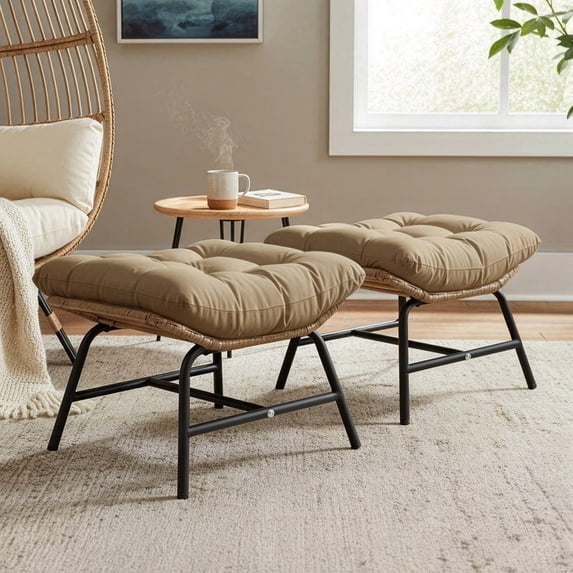 RADIATA 2Pcs Footrest Stool for Egg Chair Outdoor, Boho Portable Comfy Ottoman with Thick Cotton Cushion Padded Sofa Stool with Metal Frame for Lazy Chair, Living Room & Bedroom, Brown