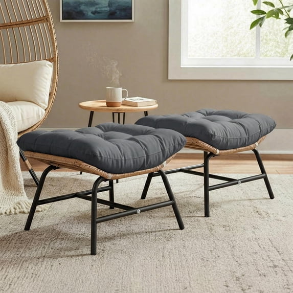 RADIATA 2Pcs Footrest Stool for Egg Chair Outdoor, Boho Portable Comfy Ottoman with Thick Cotton Cushion Padded Sofa Stool with Metal Frame for Lazy Chair, Living Room & Bedroom,Gray