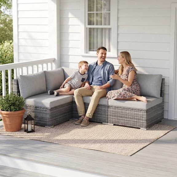 RADIATA 4-Piece Patio Furniture Set, Heavy-Duty 500 lbs Outdoor Sectional, L-Shaped Wicker Sofa with 1 Corner & 3 Armless Chairs for Porch, Deck, Backyard,Light Gray