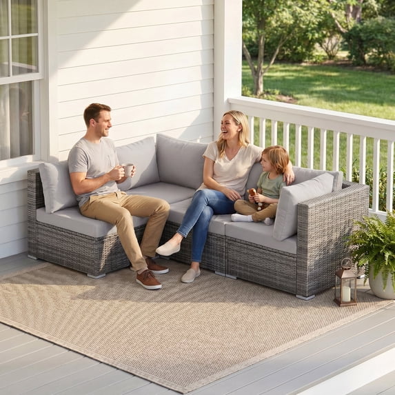 RADIATA 4-Piece Patio Furniture Set, Heavy-Duty 500 lbs Outdoor Sectional, L-Shaped Wicker Sofa with 2 Corner & 2 Armless Chairs for Porch, Deck, Backyard,Light Gray