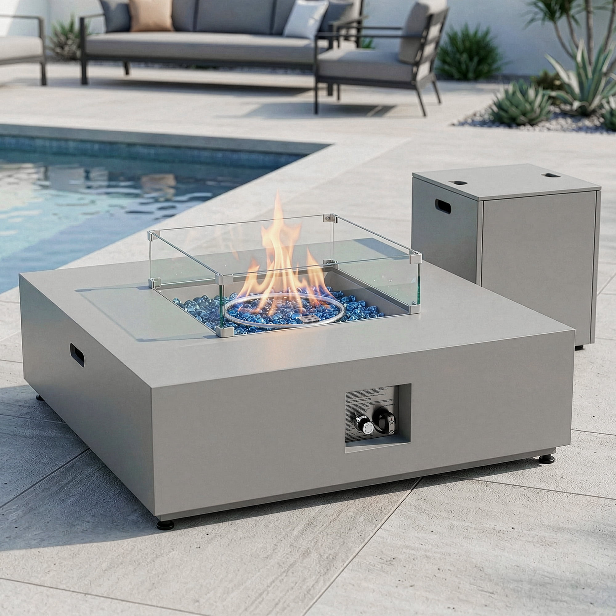 RADIATA 40" Square Propane Fire Pit Table, Dual Fuel Natural Gas Fire Pit Convertible, 50,000 BTU Modern Gas Fire Pit with Hidden Tank Side Table,Outdoor Fire Pit Table for Outside Patio