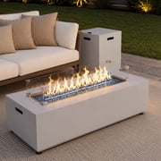 RADIATA MODERN 43 x 21 Inch Rectangular 50000 BTU Dual Fuel Powder Coated Alloy Steel Finish Fire Pit Table with Glass Wind Guard, Metal Lid, Fire Glass, Cover