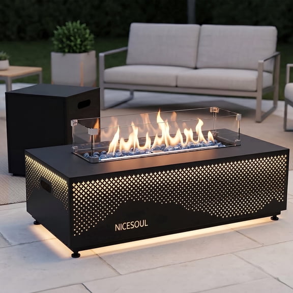 RADIATA 42" Rectangle Propane Fire Pit Table with Led With Magnetic 3-Color LED Light Bars, Dual Fuel Natural Gas Fire Pit Convertible, 50,000 BTU Modern Gas Fire Pit with Hidden Tank Side Table