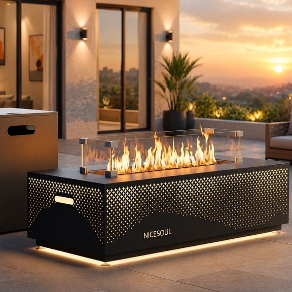 RADIATA 42 in Rectangular Dual Fuel Fire Pit Table with 2 Sensor LED Lights, 50,000 BTU Propane and Natural Gas Patio Fire Table, Glass Wind Guard, Blue Fire Glass and Tank Side Table, Dark Gray