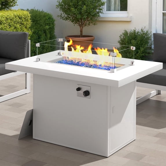 RADIATA 43" Aluminum Propane Fire Pit Table, 60,000 BTU Outdoor Gas Firepit, Rectangle CSA-Certified Patio Fireplace with Wind Guard & Glass Rocks, Rust-Proof White Fire Table for Deck Poolside
