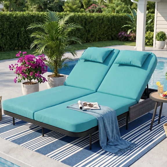 RADIATA 51.2" Wide 2-Person Outdoor Double Chaise Lounge Daybed, PE Wicker Patio Sunbed with 6-Position Backrests, 4.1" Cushions, Green