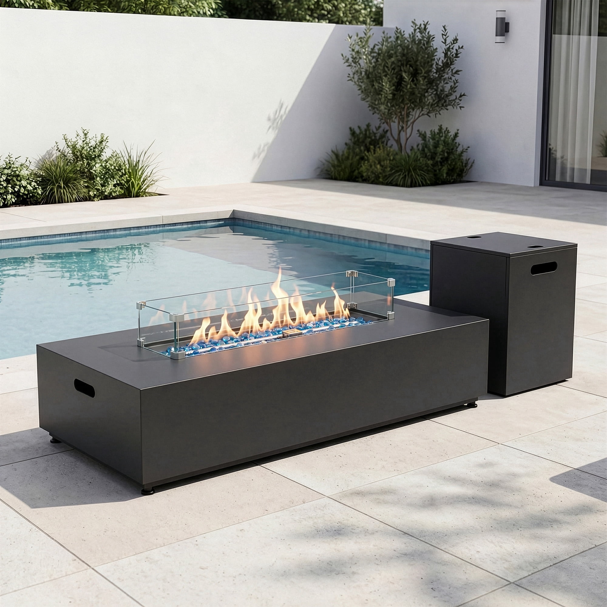 RADIATA 56" Rectangle Propane Fire Pit Table, Dual Fuel Natural Gas Fire Pit Convertible, 50,000 BTU Modern Gas Fire Pit with Hidden Tank Side Table, Outdoor Fire Pit Table for Outside Patio