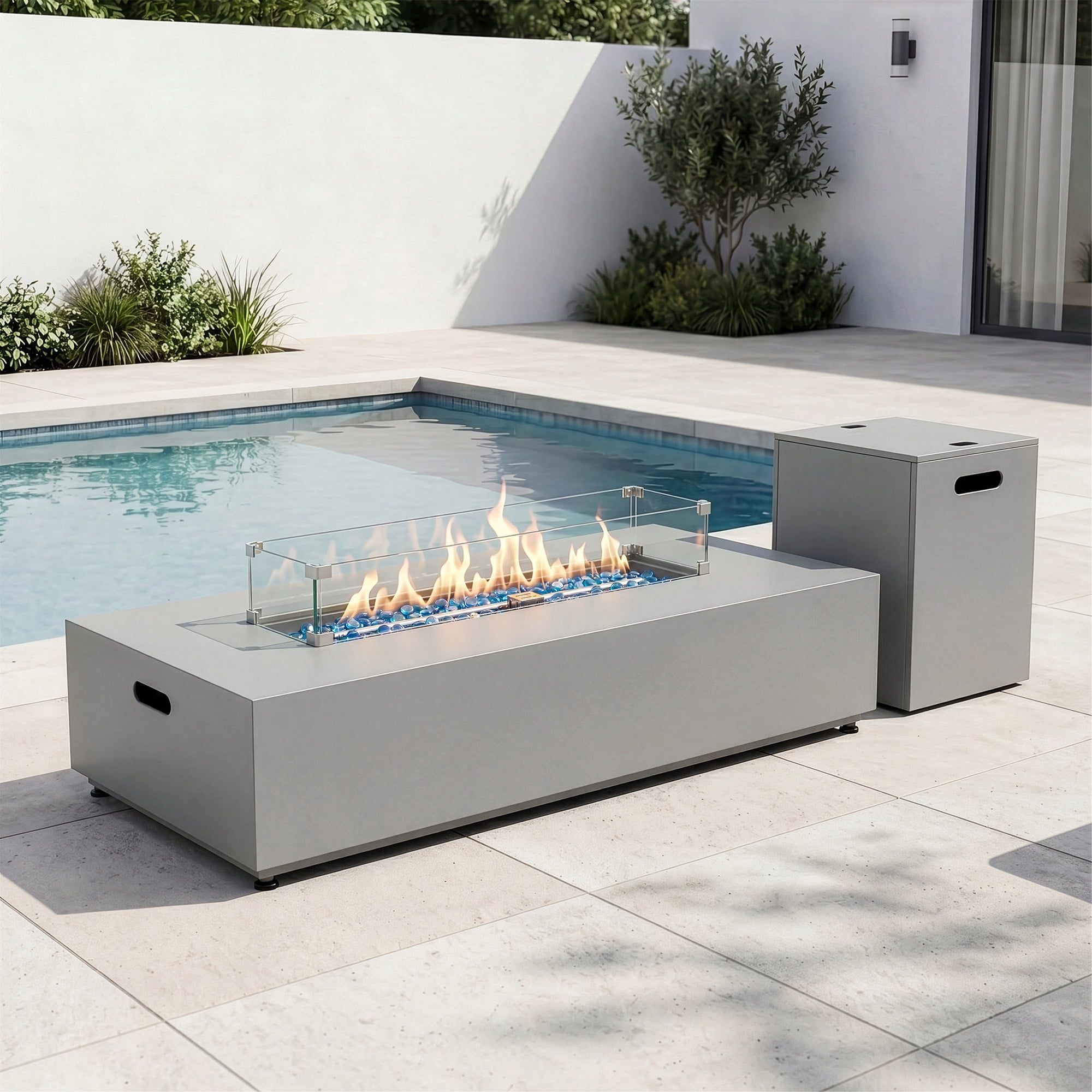 RADIATA 56" Rectangle Propane Fire Pit Table, Dual Fuel Natural Gas Fire Pit Convertible, 50,000 BTU Modern Gas Fire Pit with Hidden Tank Side Table, Outdoor Fire Pit Table for Outside Patio