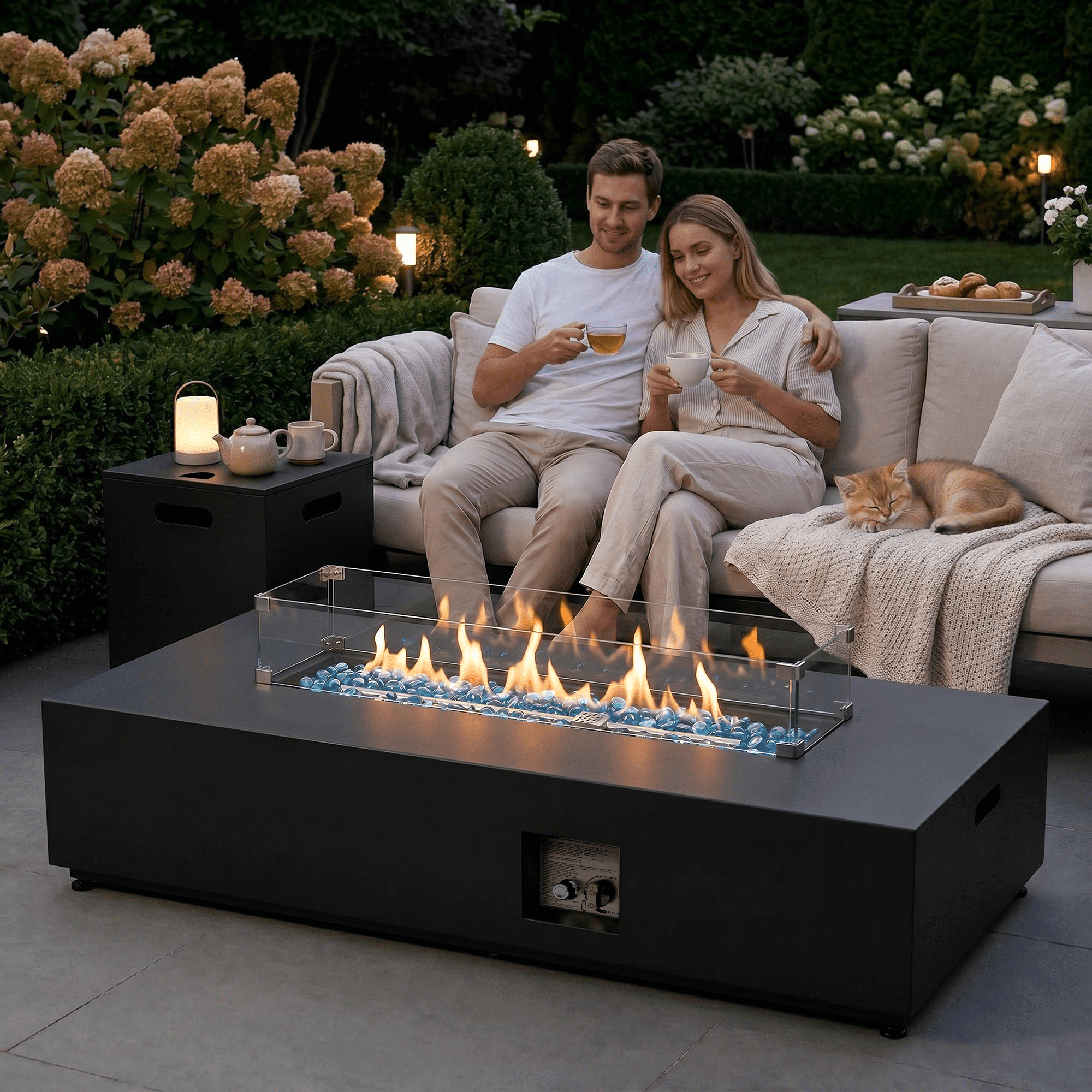 RADIATA 56" Rectangle Propane Fire Pit Table, Dual Fuel Natural Gas Fire Pit Convertible, 50,000 BTU Outdoor Fire Pit Table for Outside Patio, Dark Gray
