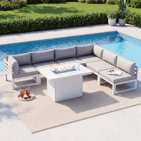 RADIATA Patio Aluminum Furniture Set with Fire Pit Table and Oversized 29" Seats, 7 Pieces Outdoor Sectional Conversation Sofa Set for Backyard, Poolside, 500 lb/Seat, White & Light Gray