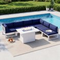 thumbnail image 1 of RADIATA Patio Aluminum Furniture Set with Fire Pit Table and Oversized 29" Seats, 7 Pieces Outdoor Sectional Conversation Sofa Set for Backyard, Poolside, 500 lb/Seat, White & Navy Blue, 1 of 11
