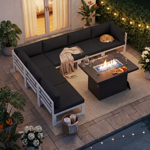 RADIATA Patio Aluminum Furniture Set with Fire Pit Table and Oversized 29" Seats, 7 Pieces Outdoor Sectional Conversation Sofa Set for Backyard, Poolside, 500 lb/Seat, White & Black