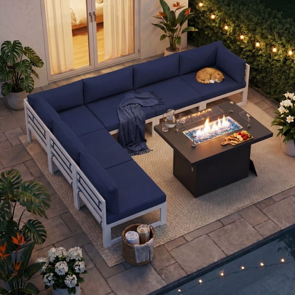 RADIATA Patio Aluminum Furniture Set with Fire Pit Table and Oversized 29" Seats, 7 Pieces Outdoor Sectional Conversation Sofa Set for Backyard, Poolside, 500 lb/Seat, White & Navy Blue
