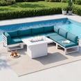 thumbnail image 1 of RADIATA Patio Aluminum Furniture Set with Fire Pit Table and Oversized 29" Seats, 7 Pieces Outdoor Sectional Conversation Sofa Set for Backyard, Poolside, 500 lb/Seat, White & Green Blue, 1 of 11