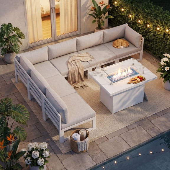 RADIATA Patio Aluminum Furniture Set with Fire Pit Table and Oversized 29" Seats, 7 Pieces Outdoor Sectional Conversation Sofa Set for Backyard, Poolside, 500 lb/Seat, White & Light Gray