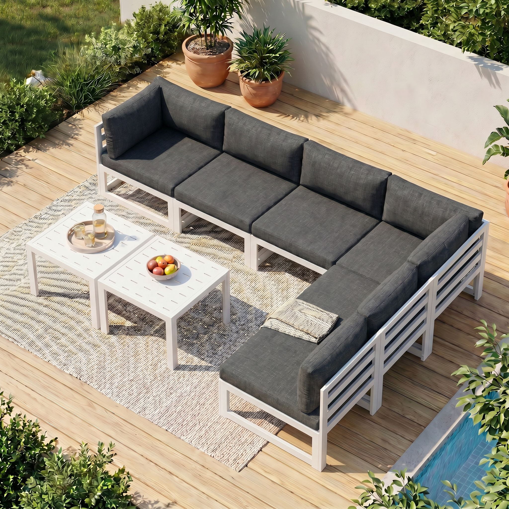 RADIATA Patio Aluminum Furniture Set with Oversized 29" Seats&Coffee Table, 8 Pieces Large Outdoor Modern Sectional Conversation Sofa Set with 4" Cushions for Backyard, Poolside, White&Dark Gray
