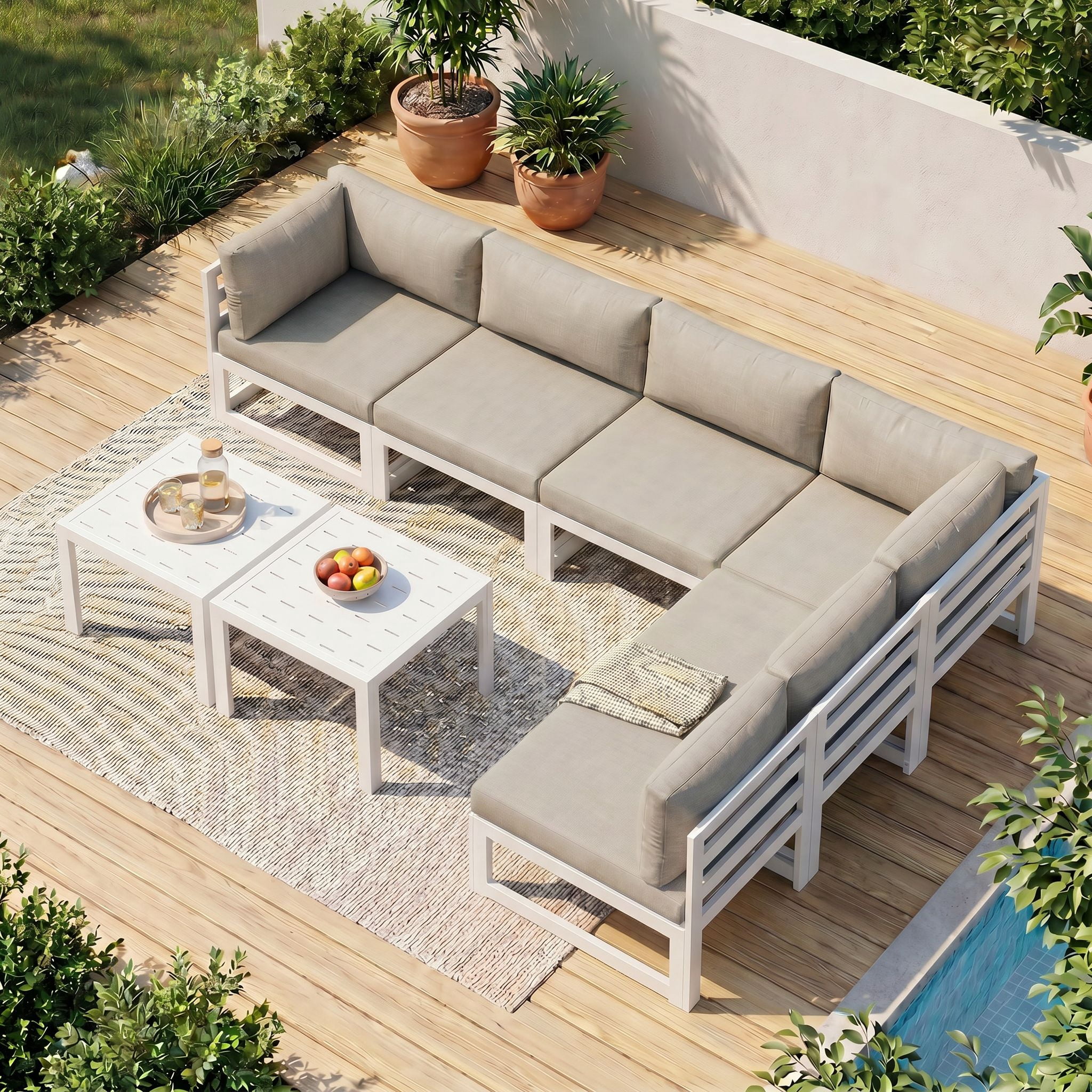 RADIATA Patio Aluminum Furniture Set with Oversized 29" Seats&Coffee Table, 8 Pieces Large Outdoor Modern Sectional Conversation Sofa Set with 4" Cushions for Backyard, Poolside, White&Beige