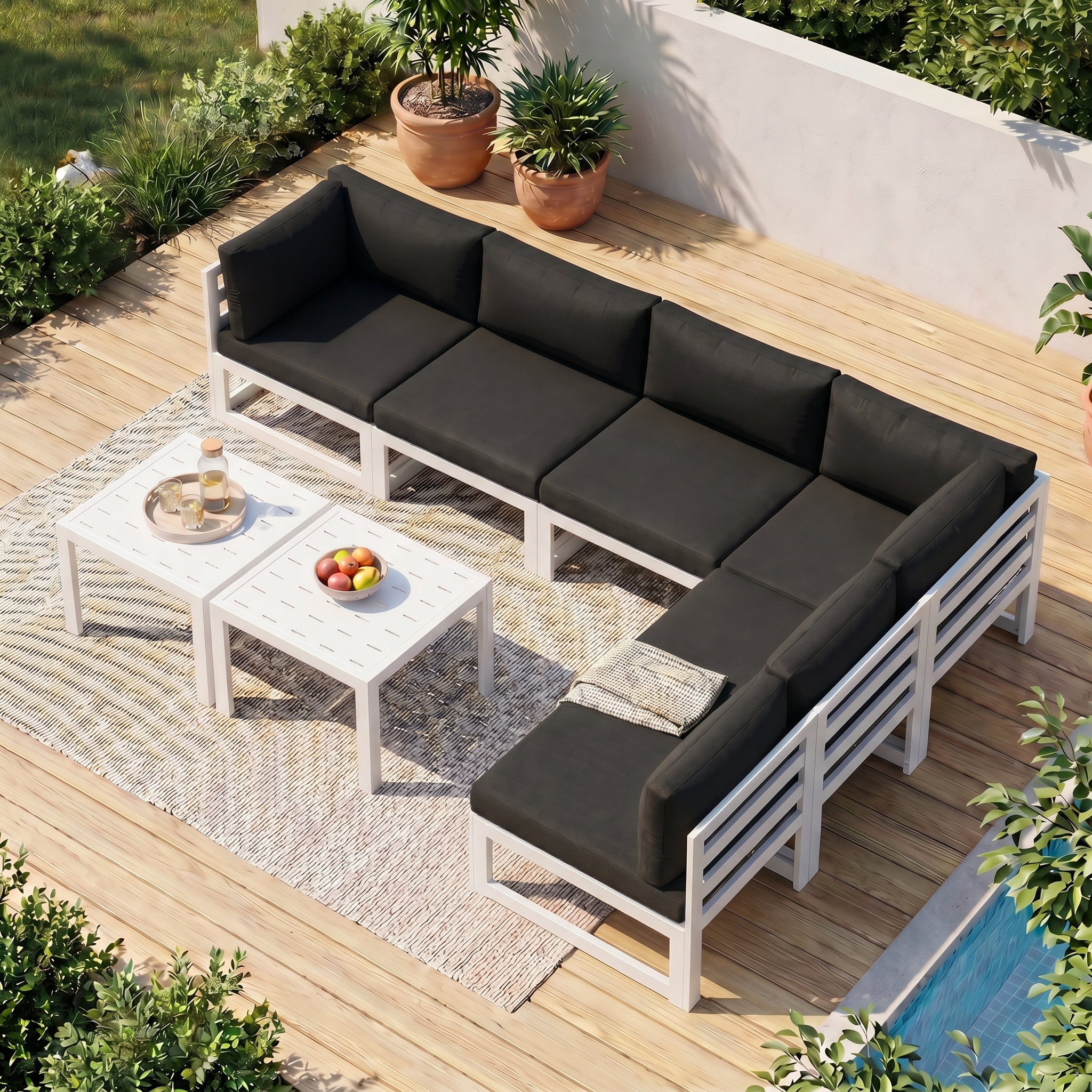 RADIATA Patio Aluminum Furniture Set with Oversized 29" Seats&Coffee Table, 8 Pieces Large Outdoor Modern Sectional Conversation Sofa Set with 4" Cushions for Backyard, Poolside, White&Black