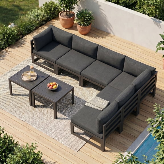 RADIATA Patio Aluminum Furniture Set with Oversized 29" Seats&Coffee Table, 8 Pieces Large Outdoor Modern Sectional Conversation Sofa Set with 4" Cushions for Backyard, Poolside, Gray&Dark Gray