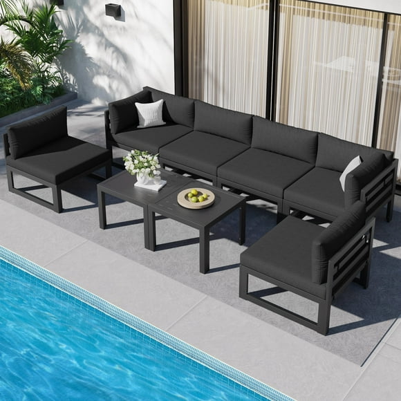RADIATA 8 Pieces Large Outdoor Aluminum Furniture Set with Tables Patio Seating Conversation Set Grey Aluminum Modern Patio Sofa Sectional