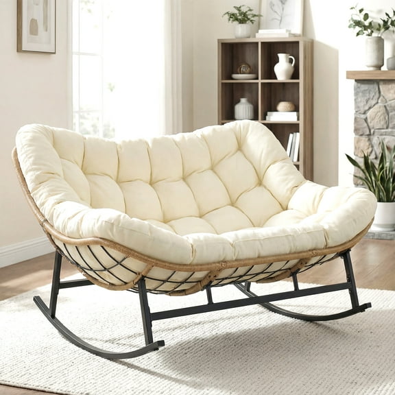RADIATA Oversized 2-Person Papasan Rocking Chair with Cushion, Indoor Lounge Seat for Living Room, Bedroom, Study, Beige