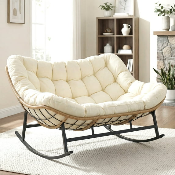 RADIATA Oversized 2-Person Papasan Rocking Chair with Cushion, Indoor Lounge Seat for Living Room, Bedroom, Study, Beige