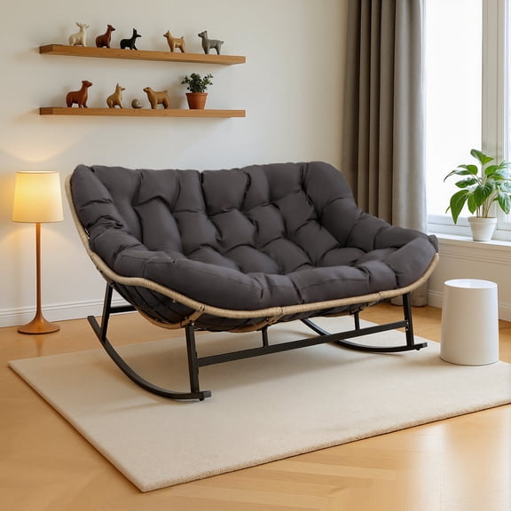 RADIATA 2 Person Indoor Papasan Rocking Chair with Cushion, Oversized Double Recliner Rocker,loveseat for Living Room, Bedroom, or Study Room,Gray