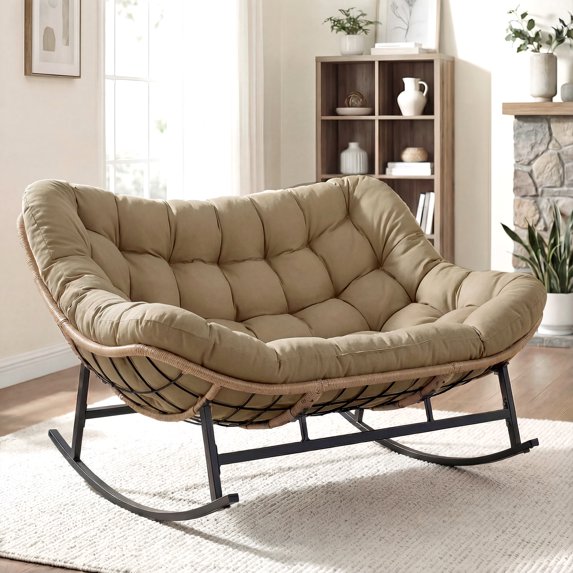 RADIATA Oversized 2-Person Papasan Rocking Chair with Cushion, Indoor Lounge Seat for Living Room, Bedroom, Study, Brown