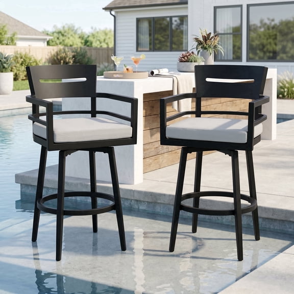 RADIATA Aluminum Outdoor Swivel Bar Stools Set of 2, 30" Bar Height with Arm, 180-Degree Auto-Return Patio Chairs with 2.4" Cushions for Poolside and Backyard, 300 lb Capacity