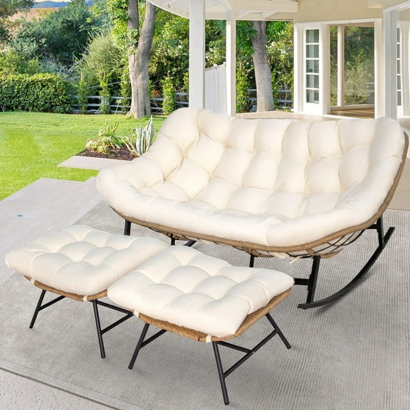RADIATA Beige Double Outdoor Rocking Chair with Ottoman, 2 Person Rocking Egg Chair with Cushion