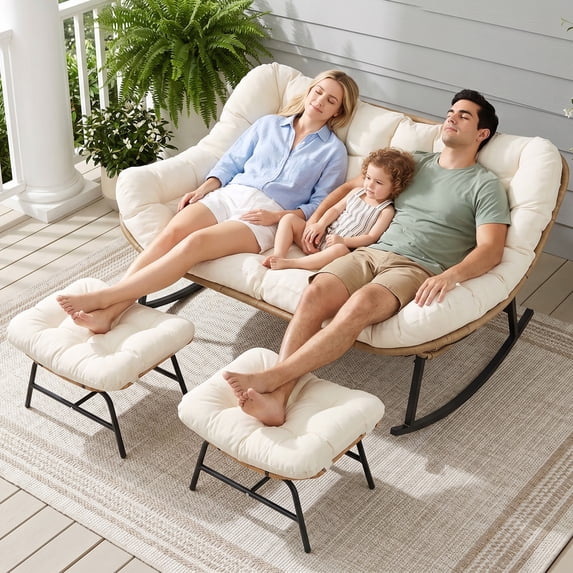 RADIATA 3-Piece Outdoor Patio Rocking Loveseat Set with 2 Ottomans, 2-Person 58" Extra-Wide Double Rocking Chair, 600 lb Weight Capacity, 5.1" Thick Cushions, Reinforced Steel Frame, Beige
