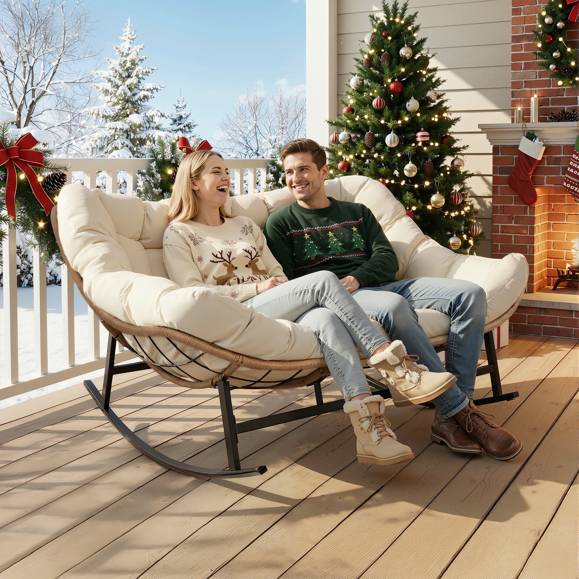 RADIATA Beige Double Outdoor Rocking Chair, 2 Person Patio Rocking Egg Chair with Thick Cushion