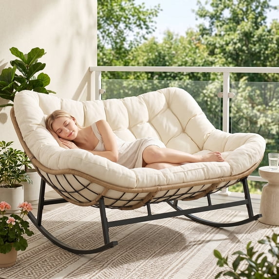 RADIATA Beige Double Outdoor Rocking Chair, 2 Person Patio Rocking Egg Chair with Thick Cushion